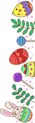 Flat design is featuring pastel Easter eggs, bunny shell, leaves, lollipops, transparent background