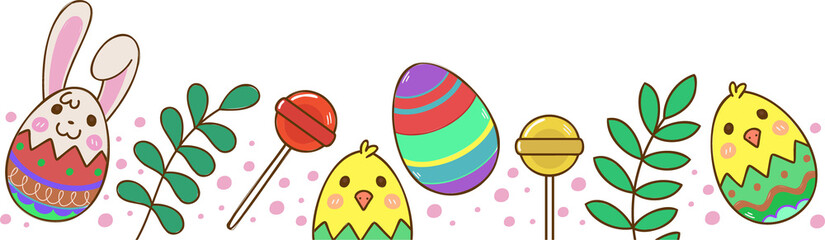 Showing flat Easter decor: bunny-ear eggs, chicks, lollipops, leaves, confetti on transparent bg