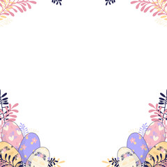 Flat design Easter border is forming pastel egg foliage frame on transparent background, copy space