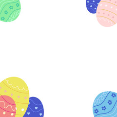 Decorative pastel Easter eggs are framing transparent background in flat design, copy space