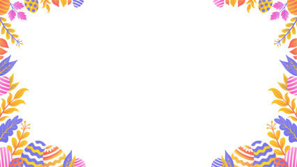 Decorative Easter border is featuring patterned eggs and spring leaves on transparent background