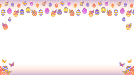 Flat design frame is showing Easter eggs and butterflies on transparent background, copy space