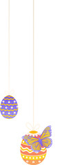 Flat Easter eggs hanging on ribbon bows showing butterfly pastel patterns on transparent background