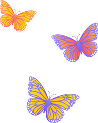 Three flat design butterflies are flying on transparent canvas with gradient wings and white dots