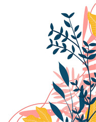 Obraz premium Foliage fanning in flat design with coral navy mustard leaves plus white dots on transparent canvas