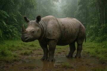 Naklejka premium AI-generated image of the critically endangered Javan rhinoceros in its natural rainforest habitat