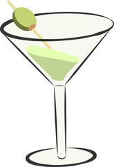 Martini glass is showing green cocktail with olive garnish in flat vector on transparent background