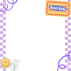 Showing transparent cartoon frame with purple chain, ribbons, Kool Kids ticket, smiley, peace sign
