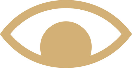 Flat golden eye icon is showing almond outline and half-circle pupil on transparent background