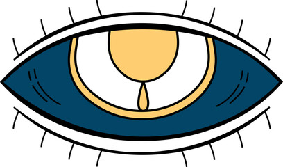 Stylized eye symbol is floating on transparent background showing dark-blue golden-yellow teardrop