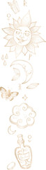 Occult symbols are floating in line art on transparent background with sun moon bottle, copy space