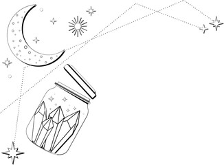 Obraz premium Mason-style jar with lid is floating in line art with crystals and stars on transparent background
