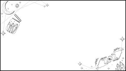 Fototapeta premium Mystical flat border is showing clear background, moon, crystal jar, hands holding eye, copy space