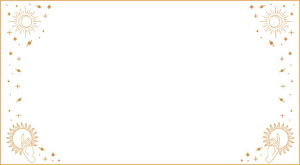 Gold line-art border frame is showing sun icons with rays, leaf motifs on transparent background