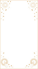 Golden line border is featuring sun motif, hands, starbursts on transparent background, copy space
