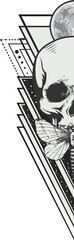 Monochrome flat design showing half skull, moth on jaw before moon, triangles, transparent backdrop