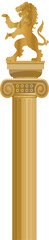 Golden lion statue is standing rampant on capital with volutes in 3D render, transparent background