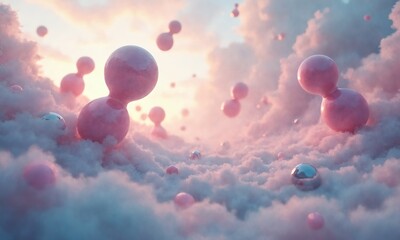 A surreal landscape where giant molecules float like balloons in a dreamy, misty environment.