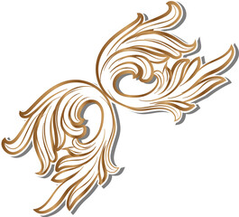 Baroque flourish is showing twin leaf motifs gold outline white fill on transparent background