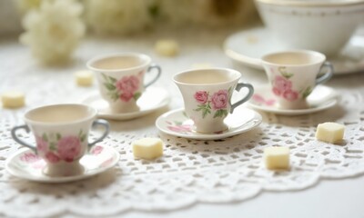 Tiny paper teacups and saucers with floral patterns, arranged on a lace-paper tablecloth with sugar cube details.