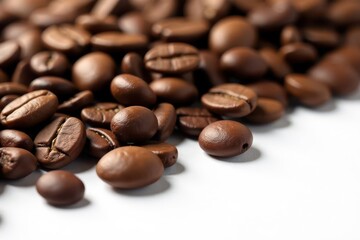 Naklejka premium Close-up of roasted coffee beans on white background , rich, beans