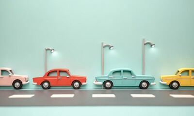 Retro paper automobiles in pastel colors, parked along a paper road with tiny streetlight cutouts.