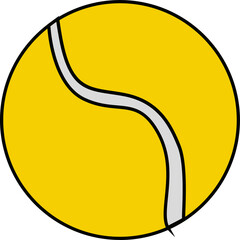 Stylized flat design tennis ball icon is floating on transparent background with bold curved seam