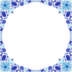 Decorative floral frame is featuring blue flowers with leaves, flat design, transparent background