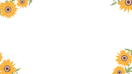 Sunflower border is framing clear canvas in flat style with yellow petals, green leaves, copy space
