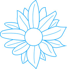 Minimal flower illustration showing white petals with blue outline and disc on transparent backdrop