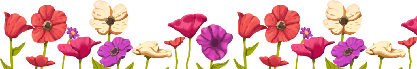 Stylized wildflower border is forming in flat vector design with transparent background