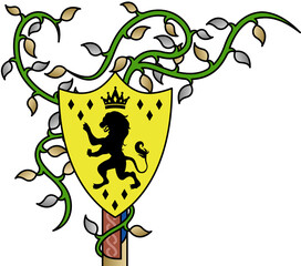 Stylized shield is showing lion under crown on pole with vine and diamonds, transparent background