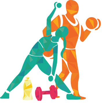 Fototapeta Two low-poly fitness figures are exercising with dumbbells and water bottle on transparent backdrop
