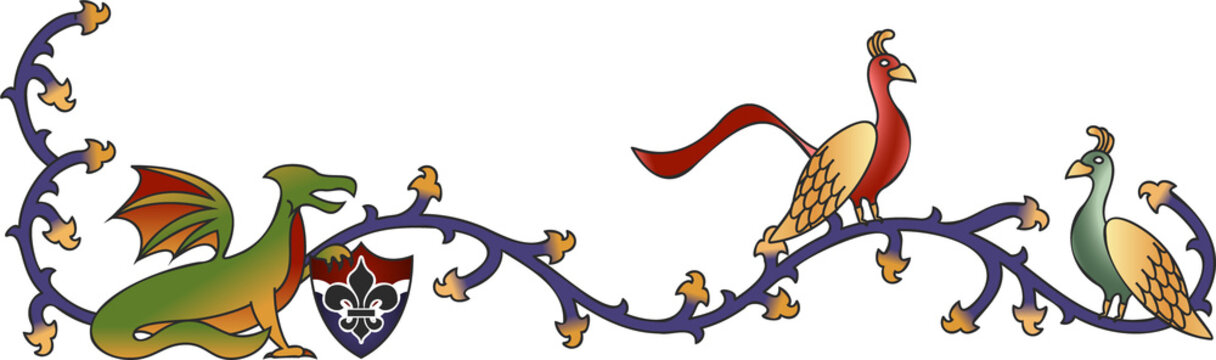 Flat border featuring green-orange dragon purple vine, fleur-de-lis shield and birds on transparent