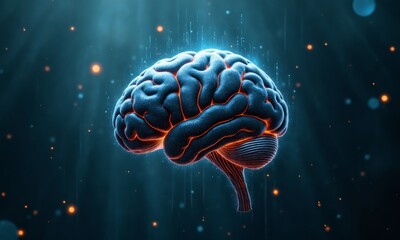 A cybernetic brain with pulsating nodes, floating amidst a storm of binary rain and shield projections.