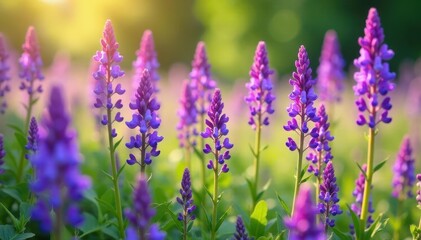 Naklejka premium Dense cluster of vibrant purple wildflowers swaying in gentle breeze, spring, wildflowers, garden