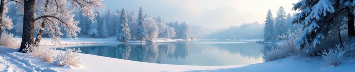Obraz premium Snow covered woodland scene with frosty trees and serene lake, trees, whiteout