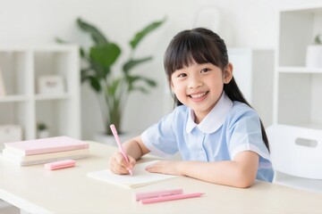 Child Studying at Desk with Books and Pencils in Bright Room 