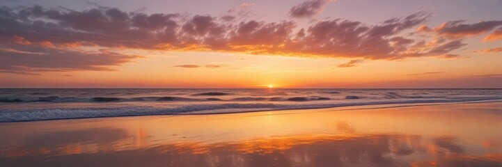Obraz premium Golden sunset over calm Baltic Sea, sandy beach , evening, sky