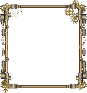 Flat design steampunk frame is showing brass pipes, gauges, gears, mesh, transparent background