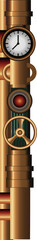 3D-steampunk pipe unit is showing gauge and handwheel valve on copper pipe transparent background