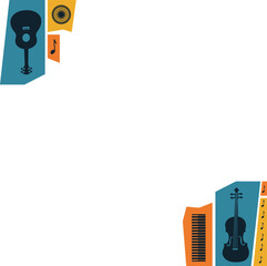 Flat design is showing instruments and notes in corners on transparent background, copy space