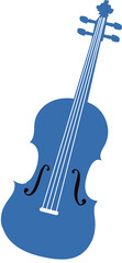 Flat vector design is showing blue violin with four strings, tuning pegs, transparent background