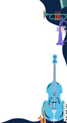 Flat design is showing blue cello, piano keys, horns and orange sax fragment on transparent canvas