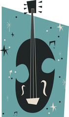 Showing flat cello on teal shape, cream f-holes, bridge, starbursts, dots, notes on transparent bg