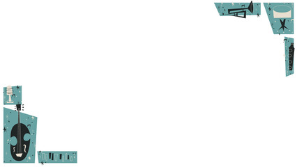 Flat music drink border is showing violin mic keys megaphone glass records on transparent canvas