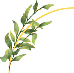 Golden arc is accenting green leaves and orange berries in painted style, transparent backdrop