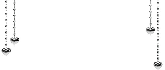 Flat graphic is showing shiny silver hearts hanging from beaded chains on transparent background