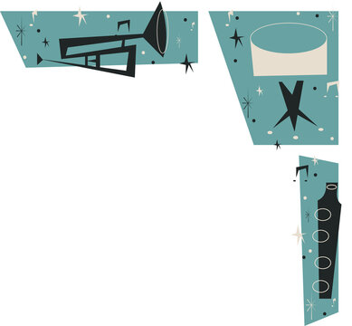 Fototapeta Flat design is showing trumpet drum clarinet silhouettes on transparent backdrop with teal panels