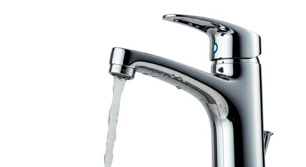 Close up of a shiny chrome faucet with water running against white background